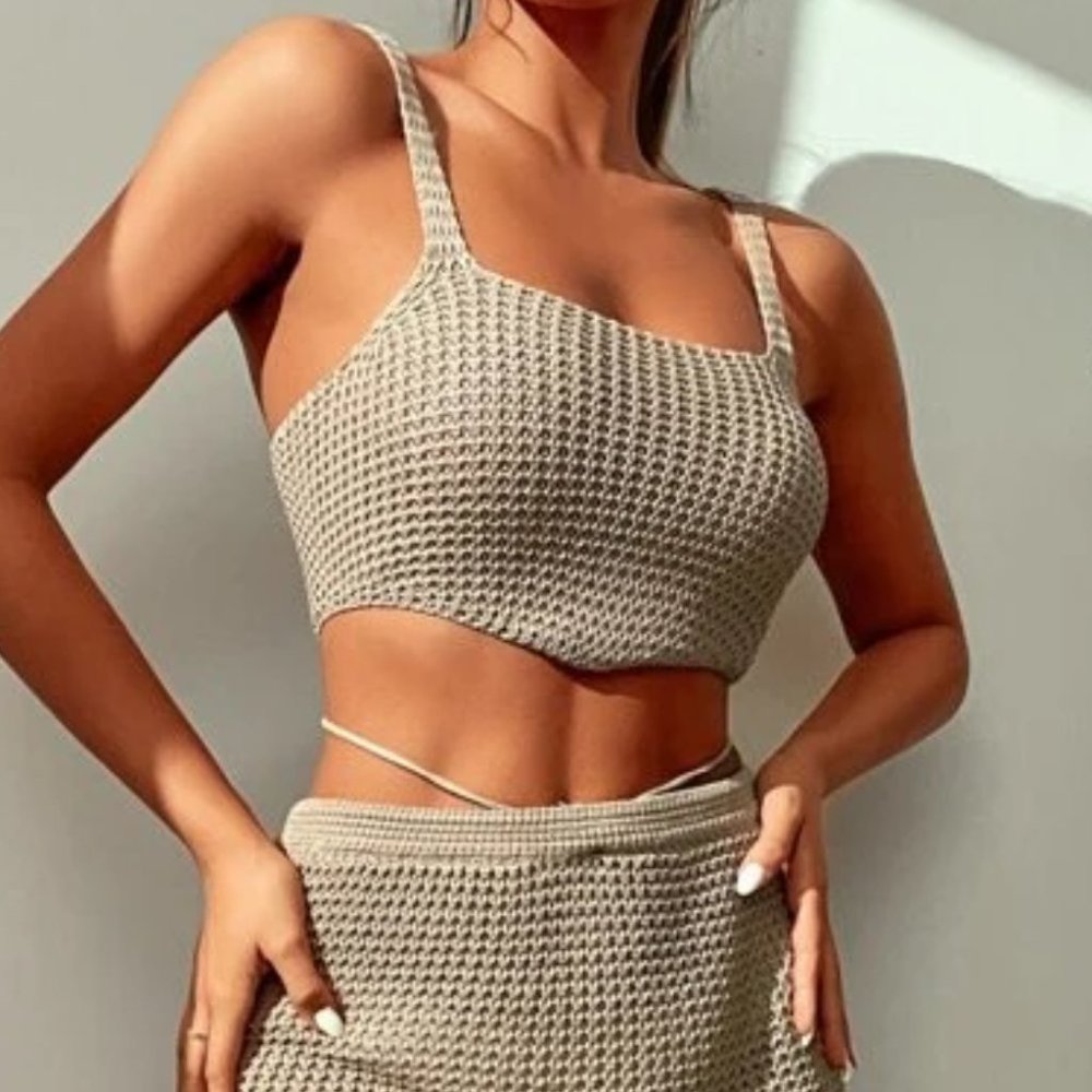 Tan 2 piece knit skirt and crop top knit coverup set - Picture 12 of 15